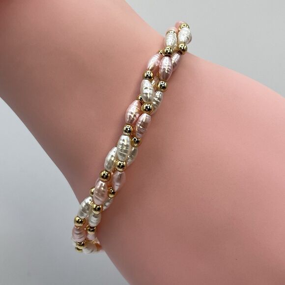 Cute Dainty White Pink Rice Pearl Beaded Gold Tone Spring Clasp Bracelet Boho - Picture 2 of 6